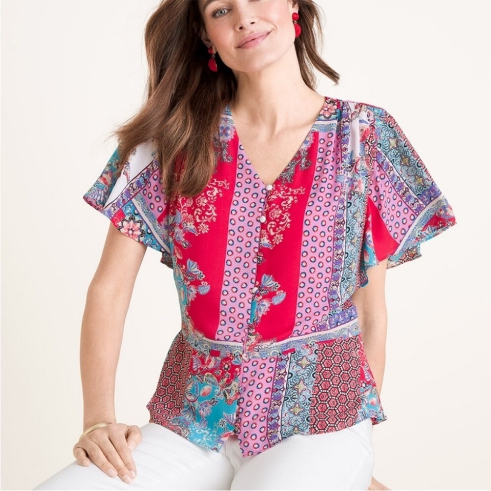 Chico's Patchwork Peplum Colorful Loose Fit Flutter Sleeve Boho Top blouse L